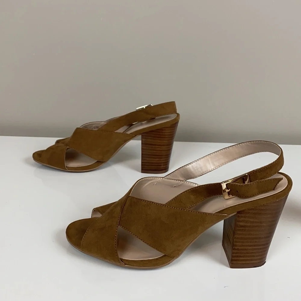 Nine West Alba Tan Open Toe Block Heel Slingback Sandal Size 9 - Picture 3 of 13